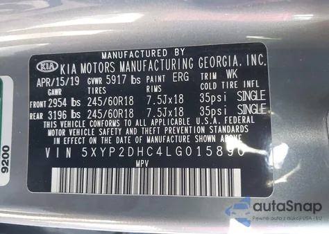 2020 Kia Telluride Lx z USA, uszkodzony, nr VIN 5XYP2DHC4LG015890